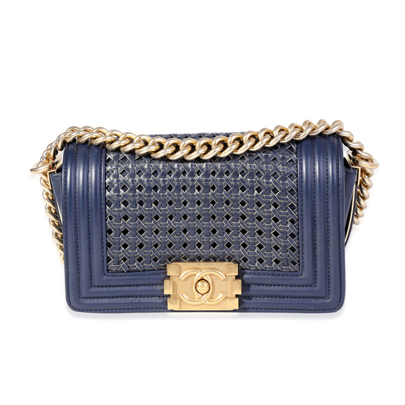Chanel Navy Calfskin & Gold Metallic Woven Small Boy Bag
